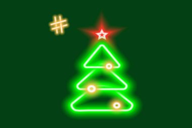 Üzerinde etiket olan parıldayan bir Noel ağacı resmi. Mutlu Noeller ve mutlu yıllar. İmzala. EPS. Vektör selamlama veya davet kartı, poster, afiş, broşür, fiyat, etiket, duvar kağıdı veya web