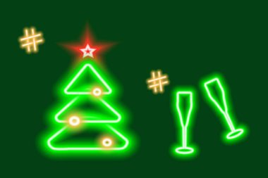 2 Neon parlayan Noel ağacı ve etiketli şarap kadehi. Simgeler, arama, çıkartmalar, selamlama veya davetiye kartları, poster, afiş, broşür, fiyat etiketi, etiket veya internet için tasarım kavramı. Vektör. EPS
