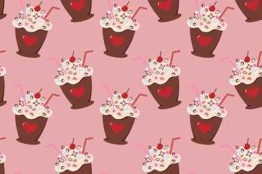 Süslü bir fincanda kusursuz bir tatlı deseni ve pembe arka planda modaya uygun gölgelerde kalpler. EPS. Paketleme, yazdırma, tekstil, poster, afiş, broşür, selamlama, kartlar, etiket veya web için vektör