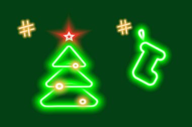 2 Neon parlayan Noel ağacı ve etiketli hediye çorabı. Simge, arama, çıkartma, tebrik kartı, poster, afiş, broşür, fiyat etiketi, etiket veya web için tasarım kavramı. Vektör. EPS.