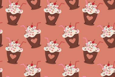 Kokteyl saman süslemesi ve kremalı ve modaya uygun kremalı bir fincanda kusursuz tatlı deseni. EPS. Baskı, tekstil veya ambalaj için taşıyıcı, poster, afiş, broşür ve diğer farklı kullanımlar