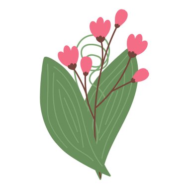 Soyut bahar çiçekli dal buketi, 2 spathiphyllum yaprağı ve modaya uygun gölgelerde kıvrılmış dal. İzole et. EPS. Vektör selamlamaları veya davetiyeler, poster, afiş, reklam panoları ve diğer farklı kullanımlar