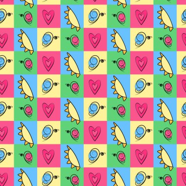 Soyut kelebekler, güneş ve kalplerle kusursuz renkli parlak desenler. Merhaba bahar. Yaz zamanı. Vektör ambalajı, duvar kağıdı veya ağ, poster, afiş, selamlama veya davet ve diğer farklı kullanımlar