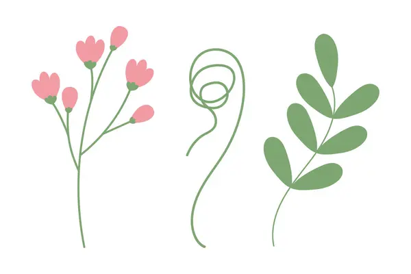 Çıkartma, simge, selamlama veya davetiye kartı ve diğer farklı kullanımlar için 3 bahar botanik tasarım elemanı seti. İzole et. EPS. Çiçek açan, kıvrımlı dalların ve küçük yapraklı yaprağın taşıyıcısı. 