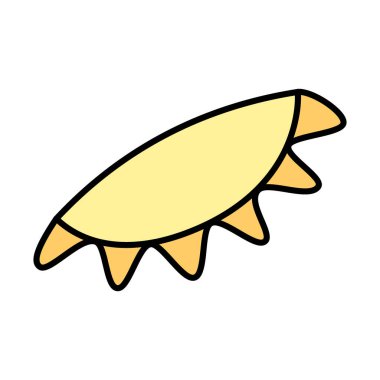 Moda desenli gölgeli ışınları olan stilize güneş. Logo konsepti. Simge ya da sivri hava koşulları. İzole et. EPS. Etiket, poster, afiş, broşür, ilan panosu, selamlama veya davetiye kartı için vektör