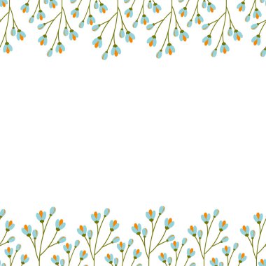 Çerçevesi çift taraflı, üst ve alt kenarları filizlenen dallarla kaplı. Uzayı kopyala Yaz tasarımı konsepti. İzole et. EPS. Harfler, kartlar, posterler, afişler veya web ve diğer çeşitli kullanımlar için vektör şablonu 