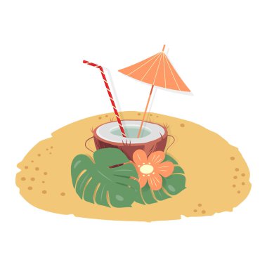 Yarım hindistan cevizi, kokteyl kamışı ve şemsiye, çiçekler ve canavar yaprakları kumlu bir adada. İzole et. EPS. Kartlar, posterler, afişler, broşürler, fiyat etiketi veya İnternet için vektör tasarımı kavramı 