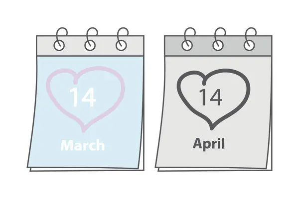 Stock vector Calendar page with date 14 March White Day and 14 April Black Day with heart shaped stroke by hand. Set of 2. Isolate. EPS. Vector for cards, poster, banner or web, greeting, promo or label, price tag