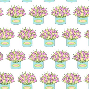 Lalelerin kusursuz desenli buketleri yumuşak sarı ve yumuşak pembe çiçeklerle dolu kutuda. Çiçek arkaplanı. İzole et. EPS. Paketleme, duvar kağıdı veya web, poster, afiş, broşür, reklam panoları için vektör