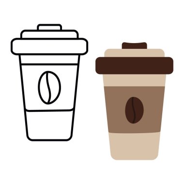 Renkli ve tek kullanımlık bardakların kapağı ve kahve çekirdekleri minimalist tarzda etiketlenmiş. 2 'li set. Logo. Simge. Çıkartma. İzole et. EPS. Kartlar, posterler, afişler veya web, fiyat, etiket için vektör