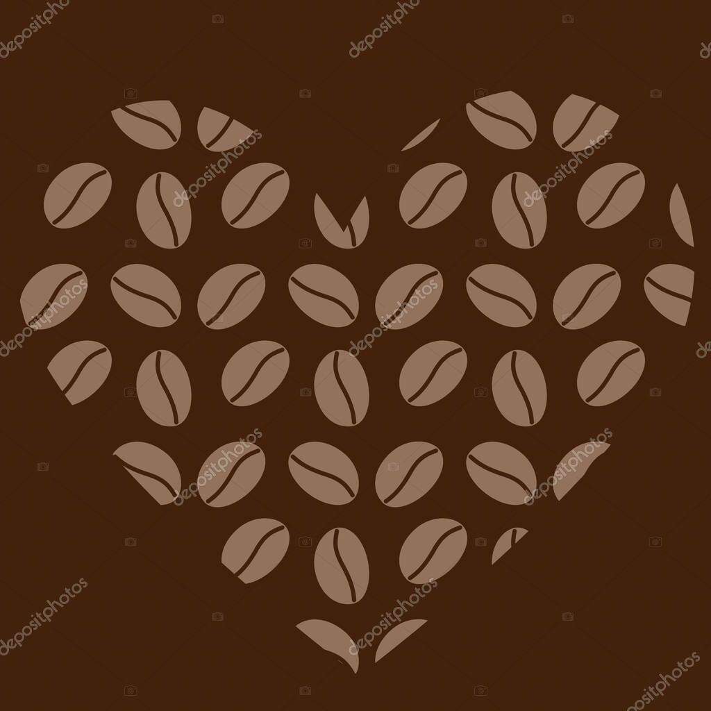 Coffee beans heart shape in trendy brown shades. Abstract background texture or logo design concept. Isolate. EPS. Vector for cards, poster, banner, brochure, billboard, price, label, wallpaper or web