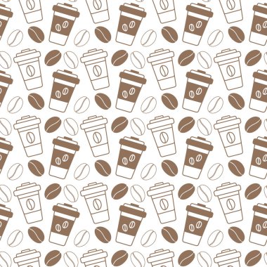 Taslak çizilmemiş tek kullanımlık kahve fincanları ve kahve çekirdekleri modaya uygun yumuşak kahverengiler. Minimalist tarzda soyut arkaplan dokusu. İzole et. EPS. Paket, duvar kağıdı veya ağ taşıyıcı