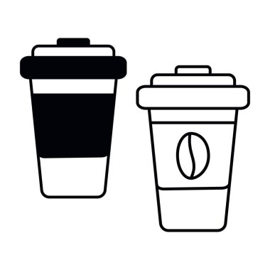 Minimalist tarzda kapaklı tek kullanımlık kahve fincanları. Simge tasarımı konsepti. 2 'li set. İzole et. EPS. Logo, etiket, poster veya kart, pankart, fiyat etiketi, etiket veya web için vektör