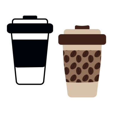 Kahve çekirdekleri ve kapaklı siyah beyaz kahve fincanları ile desenli. Logo, karşılama fikri. Kahve günü. EPS. Etiket, logo, işaret ya da kart, poster, afiş, fiyat etiketi, etiket, web