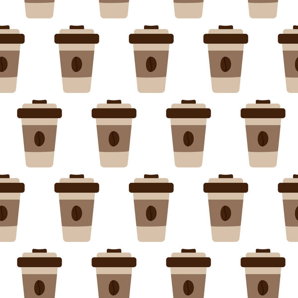 Takeaway disposable cup with lid and coffee bean on it Seamless pattern in trendy soft coffee shades. Isolate. EPS. Vector design idea for wrapping, wallpaper or web, poster, banner, cards, price tag