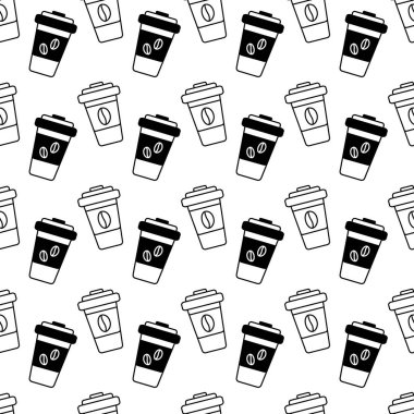 Kusursuz bir taslak çizimi, tek kullanımlık bardaklar ve etiketli kahve çekirdekleri. İzole et. EPS. Paketleme, duvar kağıdı veya ağ, paketleme, kartlar, posterler, pankart veya etiket için vektör, etiket