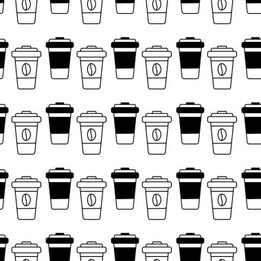 Kapak silueti çizilmiş siyah ve beyaz tek kullanımlık kahve fincanları Soyut arkaplan deseni EPS Vector kavramını ambalajlama, paketleme, duvar kağıdı veya ağ minimalist tarzda izole edin