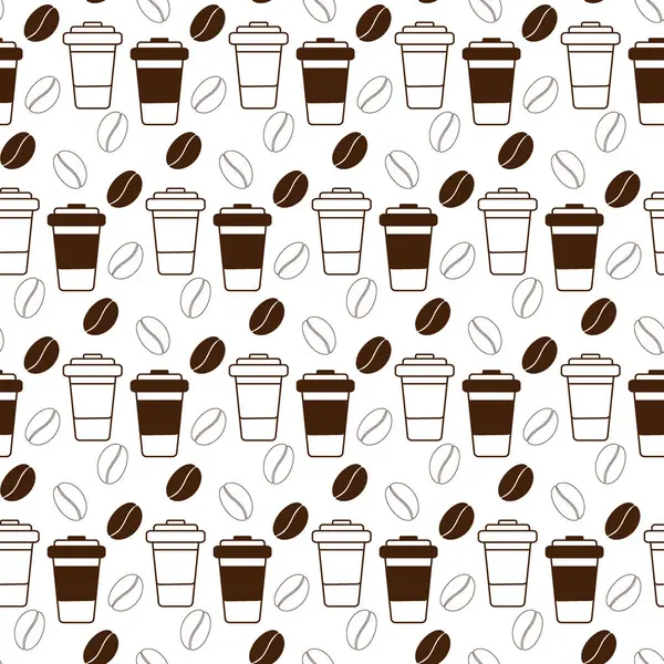 Disposable Cups Lid Coffee Beans Seamless Pattern Trendy Monochrome Brown — стоковый вектор