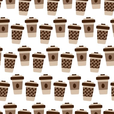 Kapaklı, desenli ve kahve çekirdeği desenli tek kullanımlık fincanlar ve modaya uygun yumuşak yumuşak gölgeler EPS Kahve Günü kutlaması veya duvar kağıdı tasarımı EPS Vektörünü izole et 