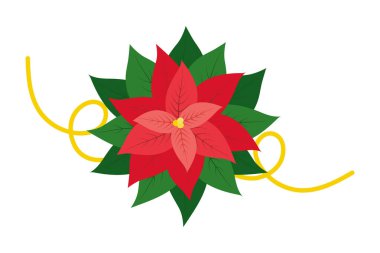 Altın Kurdeleli Poinsettia Çiçeği Noel veya Yeni Yıl Dekoratif Tasarım Ögesi Yapıştırıcı Simgesi Vector Kartları, posterler, afişler, broşürler, selamlar, davetiyeler, fiyat, etiket veya web fikri
