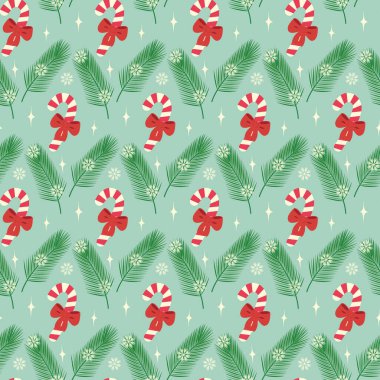 Kırmızı kurdeleli şeker kamışı, çam dalları, kar taneleri ve dekoratif yıldızlar kusursuz Noel desenleri EPS taşıyıcı ambalajı, duvar kağıdı, paketleme veya ağ, kartlar, yeni yıl tebrik kartı tasarımı konsepti.