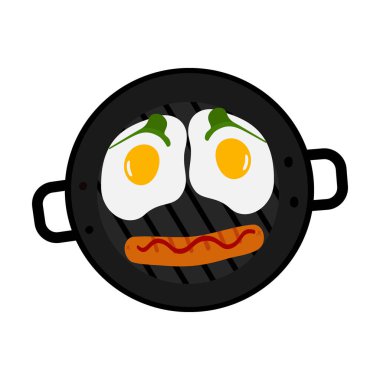 Izgara tavada kızarmış yumurta, sosis, ketçap şeridi ve gülen yüz şeklinde mikroyeşil yapraklar. Üst görünüm El izole edilmiş Vektör illüstrasyon Mutfak Yemekleri posteri veya kart menü şablonu çizdi. Logo