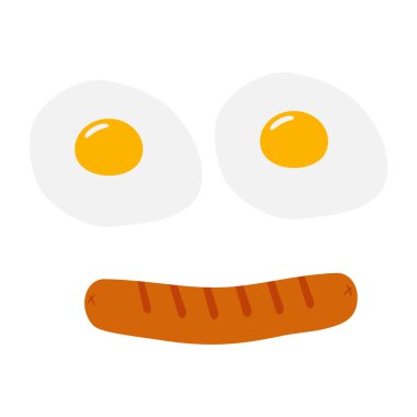 Renkli gölgelerde ızgara sosisli kızarmış yumurtanın soyut gülen yüzü. Motivasyon tasarımı fikri. Üst Manzara. Mutfak yemeği afişi menü şablonu. Damgalama, logo, simge, afiş, fiyat etiketi ögesi 