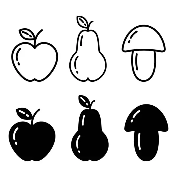 Siluet ve Taslak Elma, Armut ve Mantar minimalist tarzda. Logo, simge konsepti. 6 'lı set. EPS vektörünü ayır. Logo, simge, etiket, kartlar, poster, afiş, fiyat etiketi, etiket veya internet, tanıtım fikri