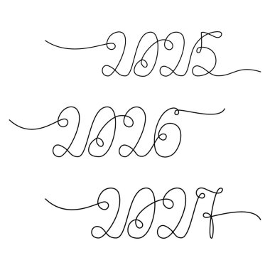 2025 2026 2027 el çizimi yılbaşı tarihi aralıksız tek bir çizgi ile. 3 tasarım elemanı izole edildi. Vektör Kartları, poster, afiş, broşür, fiyat etiketi, etiket veya web, promosyon veya baskı, tekstil konsepti