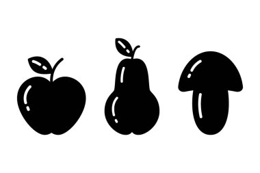 Siluet Elma, Armut ve Mantar minimalist tarzda. Sağlıklı gıda logosu, ikon tasarım konsepti. EPS vektörünü ayır. Etiket, kartlar, poster, afiş, broşürler, fiyat etiketi, etiket veya internet, tanıtım fikri