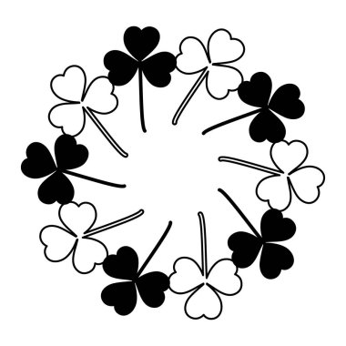 Round frame of black and white clover leaves. Silhouette and outline shamrocks in shape of circle. Copyspace Isolated Vector. Greeting cards, poster, banner, price tag, label or web, promo design idea clipart