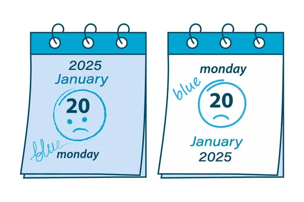 20 Ocak Pazartesi, 2025 tarihli takvim sayfaları. Üzücü bir ifade ve mavi renkli 2 harfli. EPS 'i izole et. Kartlar, poster, afiş, davetiye, fiyat, etiket veya internet, tanıtım kavramı