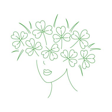 Kafasında yonca çelengi olan şanslı kız Art. St. Patrick 'in beyaza izole edilmiş tasarım fikri. Davetiyeler, kartlar, poster, afiş, broşür veya ağ, tanıtım el çizimi Vektör illüstrasyonu 