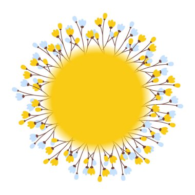 Çiçek dalları moda sarı dallarla ve beyaz fotokopi uzayında izole edilmiş yumuşak maviyle daire çiz. Vektör illüstrasyonu Harflendirme veya kart şablonu, posterler, selamlamalar, davet veya internet, fiyat etiketi