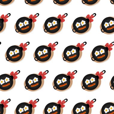 Yumurta sarısı ve sosis şeklinde kırmızı yay şeklinde gülen yüz ve kusursuz üst manzara. Beyazda izole edilmiş. Yemek afişi duvar kağıdı ya da kart menüsü, reklam pankartı taşıyıcı kavramı