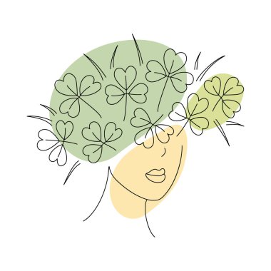 Girl with shamrocks on her head as hairstyle and spots in Irish flag shades. St Patrick day greeting design concept Isolated on white. Cards, poster, banner, brochure or web, promo Vector illustration clipart