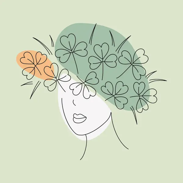 stock vector Stylized Girl with shamrocks wreath on her head and spots in Irish flag shades. St Patrick greetings design concept Isolated on white. Cards, poster, banner, brochure or web, promo Vector illustration