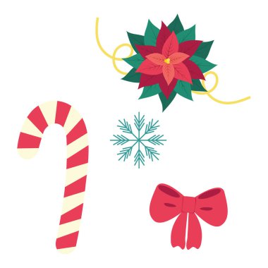 Dekoratif elementler Noel seti Şeker Çubuğu, kırmızı fiyonk, kar tanesi, noktalı yıldız ve yılan tüyü izole edildi. Selamlar veya davetiye kartları, çıkartmalar, simgeler, posterler, afişler veya web, tanıtım vektörü illüstrasyonu