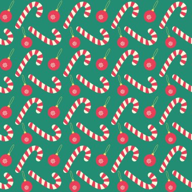 Şeker kamışları ve yeni yıl oyuncakları, modaya uygun yılbaşı gölgelerinde kusursuz desenler. Tebrik ederim. Paketleme, duvar kağıdı veya web, poster, afiş, kartlar, etiket, broşürler arka plan vektör illüstrasyonuName 