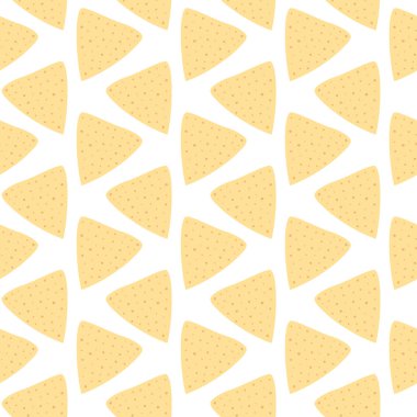 Tortilla cipsleri, yumuşak gölgelerde kusursuz bir desen oluşturuyor. İzole dekoratif arka plan dokusu. Duvar kağıdı, ambalaj veya kartlar, posterler, afişler, broşürler, fiyat, etiket veya web vektörü illüstrasyonu