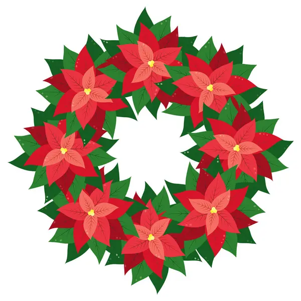 Poinsettia Çiçek Çemberi Parlak Renkli Kenarlığı. Yeni yıl ya da Noel tebrik şablonu. İzole Vektör illüstrasyon Kartları, poster, afiş, broşür, fiyat etiketi, etiket, tanıtım veya web fikri