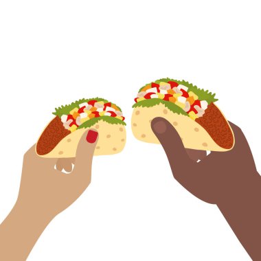 Erkek ve dişi, et ve sebzeli taco tutuyor. Ulusal Taco Günü karşılama töreni tasarımı. Beyaz Vektör illüstrasyon kartları, poster, broşür, afiş, afiş, etiket ya da internet üzerinden izole edilmiş