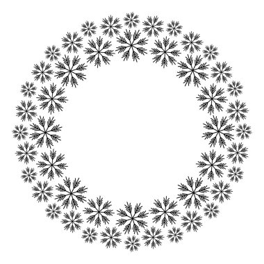 Farklı ölçekte kar taneleri, yuvarlak çerçeve sınırı. Kopya alanı olan siyah beyaz çerçeve. Tebrik ederim. İzole edilmiş Taslak Vektör illüstrasyon Kartları, posterler, afişler, etiketler, etiket veya web, tanıtım tasarımı fikri
