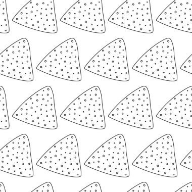 Ana hatlarıyla Nacho Chips kusursuz desen minimalist tarzda. Nacho Günü 'nün arka plan dokusu fikrin kutlu olsun. Beyaz Vektör illüstrasyonunda izole edilmiş. Paketleme, duvar kağıdı veya ağ, poster, afiş, tematik kartlar.