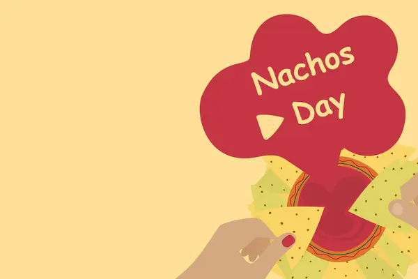 Kadın ve erkek elleri sosa nacho bandırıyor. Nachos Günü afiş şablonu ve yazı ve kopyalama alanı. İzole Vektör illüstrasyon Tematik kartları, selamlama, posterler, sosyal medya, web tanıtımları veya basım