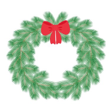 Çam dalları, kırmızı kurdeleli yay, yuvarlak çerçeve kenarı. Noel ya da yeni yıl kartları konsepti. İzole Vektör İllüstrasyon Harfleri, Yazı, Kartlar, Poster, Broşür, Etiket veya Web Tanıtımı 