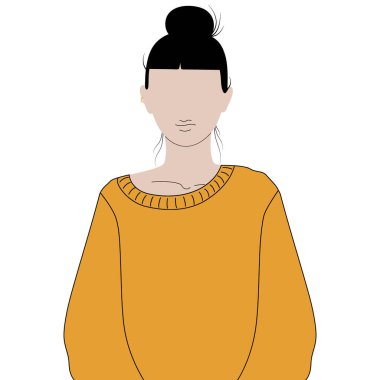 Saçlarını toplamış, sıcak, uzun kollu süveter giymiş genç bir kadın. Stilize edilmiş portre. İzole Vektör illüstrasyon Kartları, afişler, broşürler, afişler, selamlar, etiketler veya web tanıtım şablonları