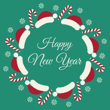 Noel Baba şapkaları, Şeker Çubukları ve Kar Taneleri Çemberi çerçeve sınırında Mutlu Yıllar yazıları. Uzayı kopyala İzole Vektör illüstrasyon broşürleri, tematik, selamlama veya davet kartları veya web tanıtımı