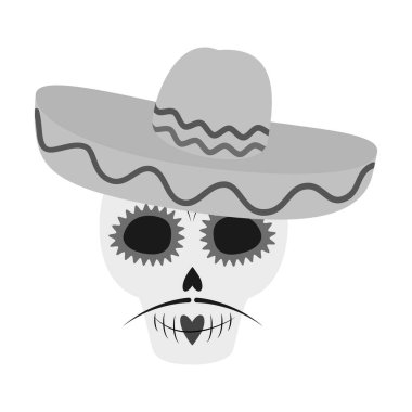 Bıyıklı, sombrero şapkalı, gri tonda boyanmış bir kafatası. Ölü karşılama töreni tasarım öğesi günü. İzole Vektör illüstrasyon Kartları, poster, broşür, afiş, etiket, tematik kart veya web tanıtımı