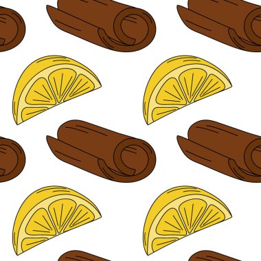 Tarçınlı çubuk ve limon dilimli parlak gölgelerde kusursuz desen. Duvar kağıdı konsepti. İzole Vektör illüstrasyonu Paketleme veya Web, posterler, afişler, broşürler, kartlar, fiyat etiketleri, etiketler